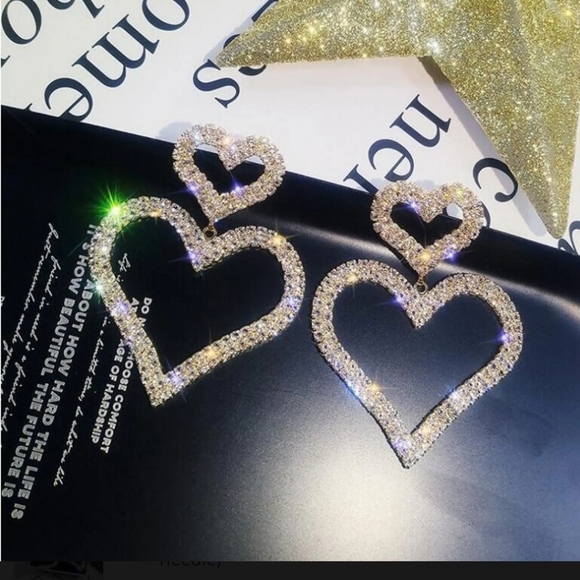 SEE NEW LISTING Gold Tone Double Heart Drop Rhinestone Earrings Pave Setting - Picture 3 of 7